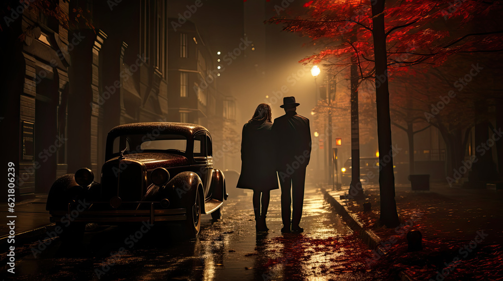 Obraz premium lovers couple walking over chicago a street in chicago by night around 1930, ai generative
