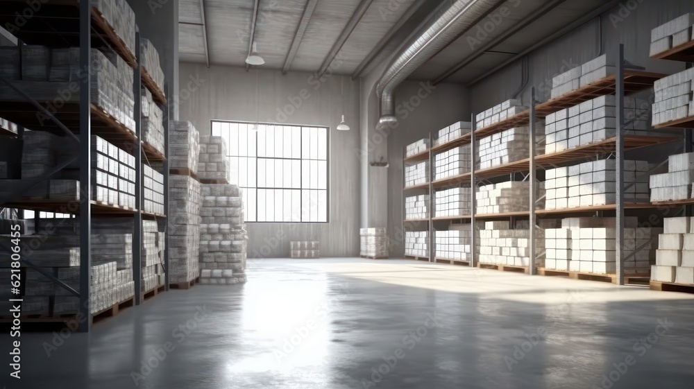 Large industrial warehouse. Tall racks completely filled with boxes and containers. Cardboard boxes on pallets. Daylight fills the room through the windows. Global logistic concept. 3D illustration.