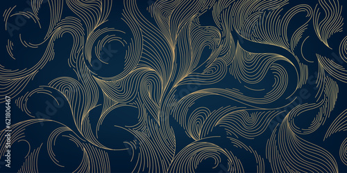 Fototapeta Naklejka Na Ścianę i Meble -  Vector line gold pattern background, wavy hand drawn luxury art deco illustration. Swirls, waves, leaves japanese style design. Dynamic swirl composition.