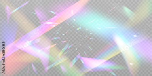 A cluster of colors, bright rays of the spectrum. Glare on a lens, glass, jewelry, or gemstone. The superimposition of the rainbow effect, the refraction of light by a crystal prism. Realistic diamond