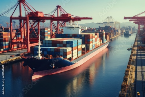 Container ship at the berth in cargo terminal of the port under loading. Port cranes load containers, place them in rows on the deck of the vessel. Global freight shipping concept. 3D illustration.