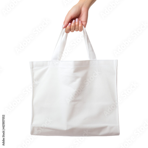 hand holding reusable shopping bag isolated