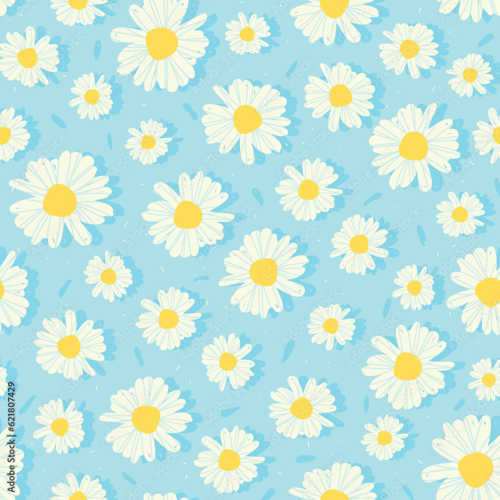 daisies flowers on baby blue background great for wrapping paper, fabric, textile, background, wall art, and prints