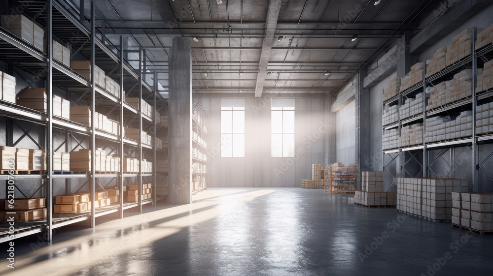 Large industrial warehouse. Tall racks completely filled with boxes and containers. Cardboard boxes on pallets. Daylight fills the room through the windows. Global logistic concept. 3D illustration. Large industrial warehouse. Tall racks completely filled with boxes and containers. Cardboard boxes on pallets. Daylight fills the room through the windows. Global logistic concept. 3D illustration.
