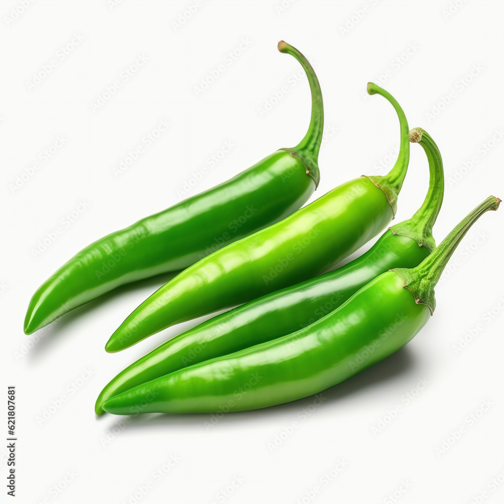 Generative AI : Fresh Green Chili Raw and Powder Burst, Isolated on White - A Spicy Culinary Delight Generative AI : Fresh Green Chili Raw and Powder Burst, Isolated on White - A Spicy Culinary Delight