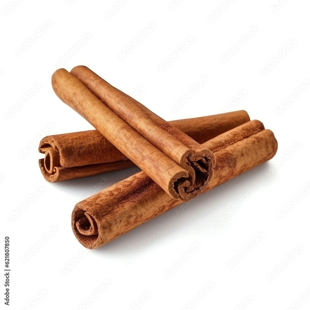 Generative AI : Cinnamon Sensations: Raw and Powdered Spice Burst with Fragrant Aroma - Culinary Delight on a White Canvas
