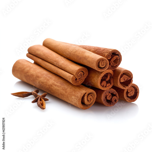 Generative AI : Cinnamon Sensations: Raw and Powdered Spice Burst with Fragrant Aroma - Culinary Delight on a White Canvas