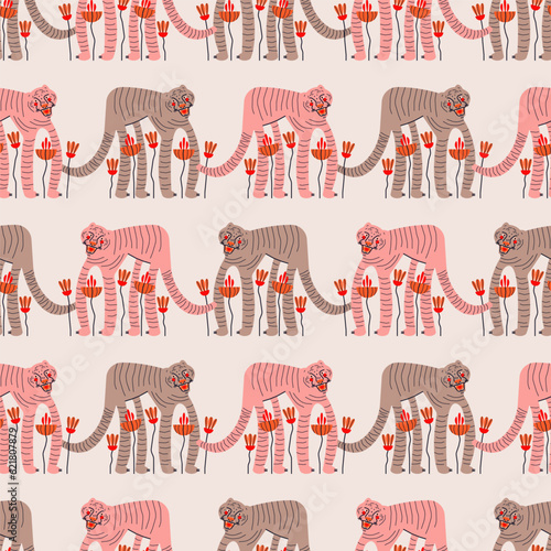 Stylish seamless pattern with tigers and flowers. Cute vector background, design, print