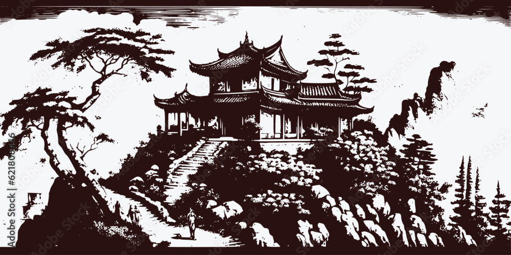 Fototapeta premium VIntage retro engraving style Chinese Japan Korean Asian temple tower with trees nature wild landscape. Background outdoor adventure vibe. Graphic Art Vector