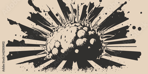 Vintage retroo cartonn comics ink abstract drawing texture background with huge atomic explosion. Graphic Vector