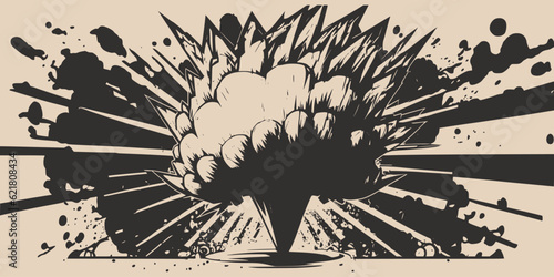 Vintage retroo cartonn comics ink abstract drawing texture background with huge atomic explosion. Graphic Vector