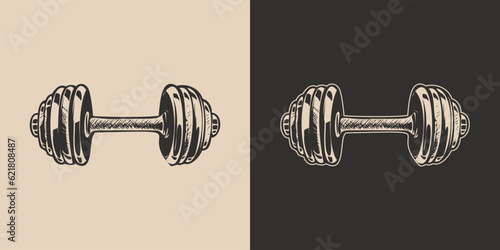 Set of vintage retro barbell. Gym fit powerlifting bodybuilding inspirational strong life power motivation. Graphic Art.