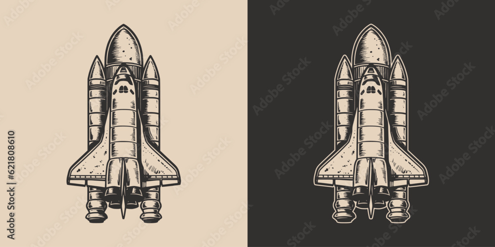 Set of vintage galaxy space rocket shuttle. Can be used like emblem, logo, badge, label. mark, poster or print. Monochrome Graphic Art. Vector. Hand drawn element in engraving