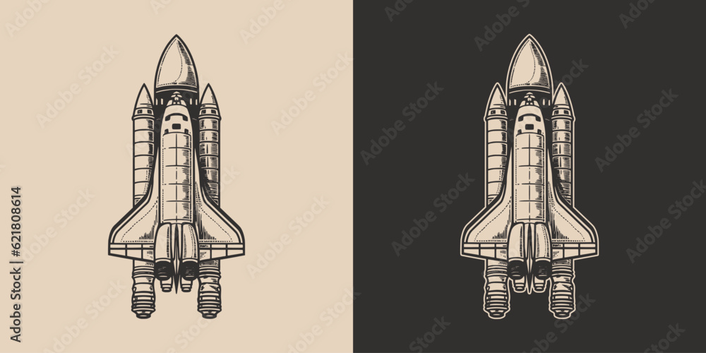 Set of vintage galaxy space rocket shuttle. Can be used like emblem, logo, badge, label. mark, poster or print. Monochrome Graphic Art. Vector. Hand drawn element in engraving