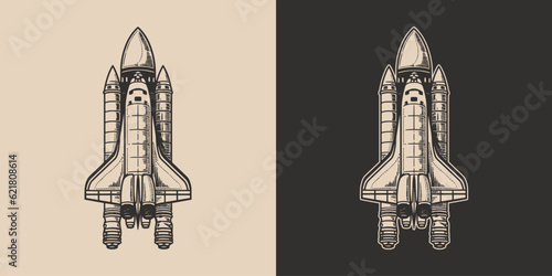 Set of vintage galaxy space rocket shuttle. Can be used like emblem, logo, badge, label. mark, poster or print. Monochrome Graphic Art. Vector. Hand drawn element in engraving