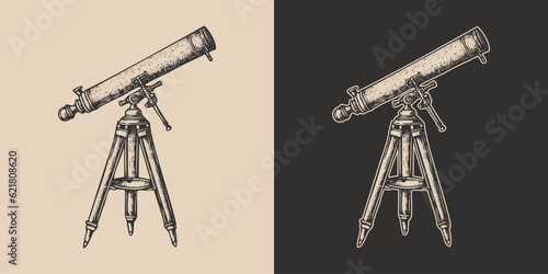 Set of vintage retro style telescope. Galaxt spave star planet watching. Science exploration vibe. Graphic Art