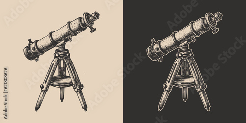 Set of vintage retro style telescope. Galaxt spave star planet watching. Science exploration vibe. Graphic Art