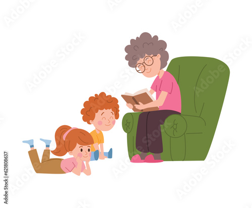 Grandmother sits in an armchair reading a book to her grandson and granddaughter, vector flat isolated illustration