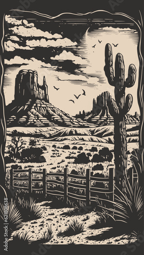 Mountain desert texas background landscape. Wild west western adventure explore inspirational vibe. Graphic Art. Engraving Vector.