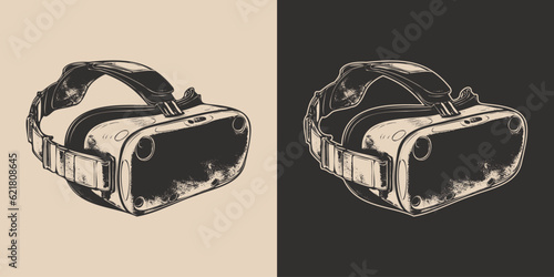 Vintage retro engraving hand drawn vr virtual reality ai mask headset helmet glass. Future innovation technology education cyber. Graphic Art Vector