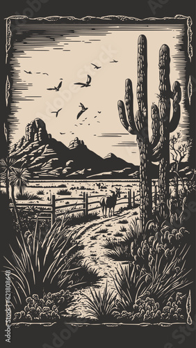 Mountain desert texas background landscape. Wild west western adventure explore inspirational vibe. Graphic Art. Engraving Vector.