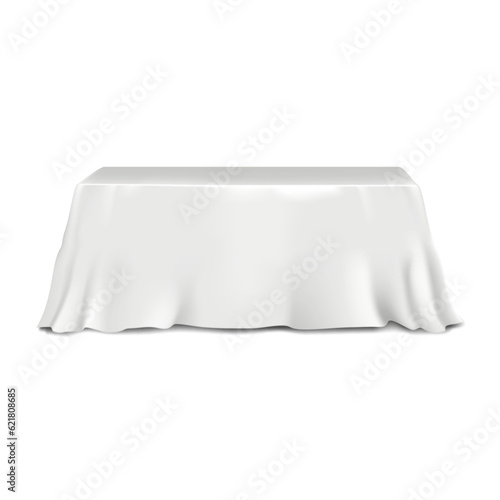 Table covered with white blank tablecloth realistic vector mock-up