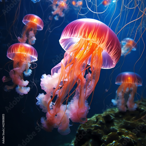 Generative AI : Colorful Jellyfish Gliding Through the Watercolor Seascape