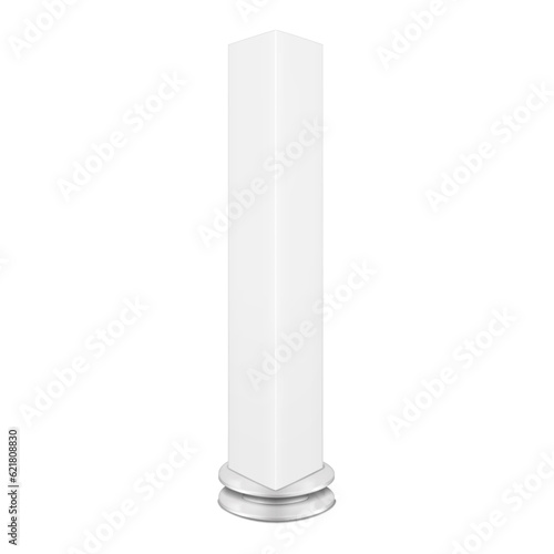 Rotating blank advertising column banner stand vector mockup. White led pillar display realistic mock-up. Trade show tower template