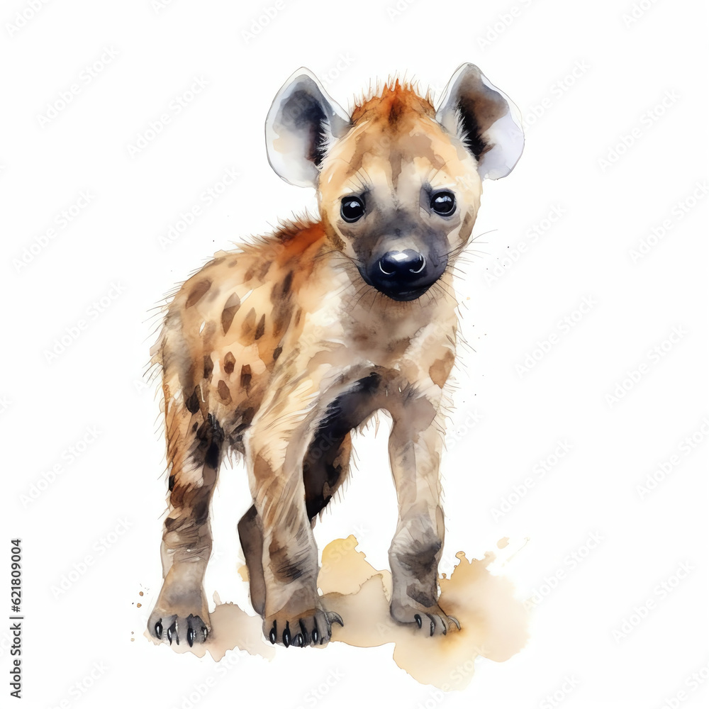 Generative AI : Vibrant Watercolor Portrait of a Cute Hyena Cub in the Wilderness, Generative AI