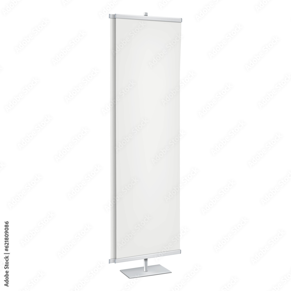 Double-sided vinyl banner stand realistic vector mock-up. Vertical floor promotional display mockup. Trade show poster holder template Double-sided vinyl banner stand realistic vector mock-up. Vertical floor promotional display mockup. Trade show poster holder template