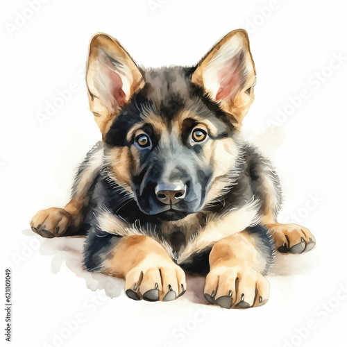 Generative AI   Soft Watercolor Portrait of a Cute German Shepherd Dog Puppy Sleeping Peacefully  Generative AI