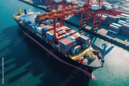 Aerial close up view of a cargo container ship at the pier of cargo seaport. Port cranes stack containers onboard a vessel. Global freight transportation and logistics concept. 3D illustration.