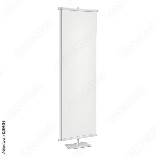 Double-sided vinyl banner stand realistic vector mock-up. Vertical floor promotional display mockup. Trade show poster holder template