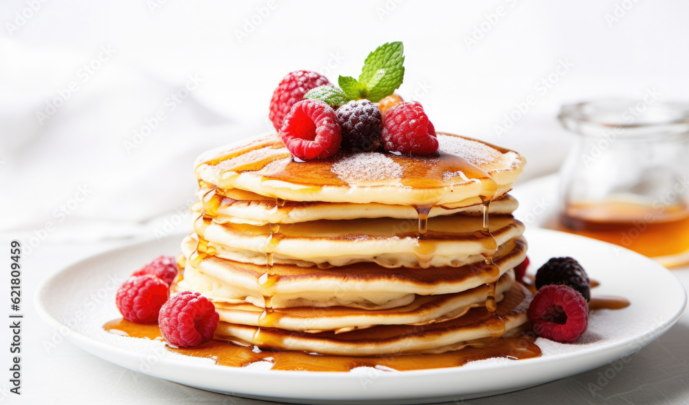 pancakes with raspberries in white plate, raspberries on top of pan cakes with honey - obrazy, fototapety, plakaty 