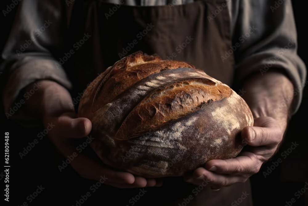 Baked bread in the hands of a baker,ai generated Baked bread in the hands of a baker,ai generated