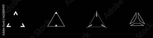 Cyberpunk style triangle aim set. Cyber targets, aims, sights, and crosshairs. A pack of GUI futuristic triangle targets. A vector collection of cyberpunk design elements.
