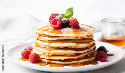 pancakes with raspberries in white plate, raspberries on top of pan cakes with honey photo