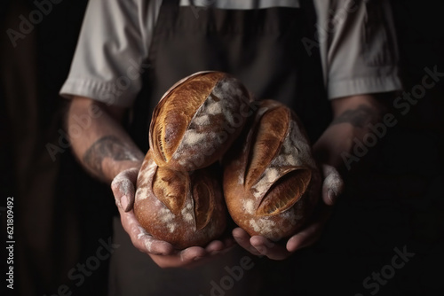 The cook in the restaurant holds fresh bread in his hands,ai generated