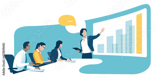 Plan. Education. Growth. Business meeting. The female leader explains the growth strategy. Vector illustration.
