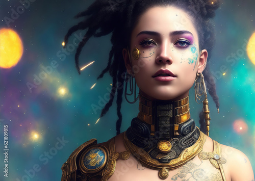 Illustration of beautiful young Cyberpunk Woman with long dreadlocks hair and cyborg elements on her body against a futuristic glowing background. Future vision design. Ai Generated fictional person.