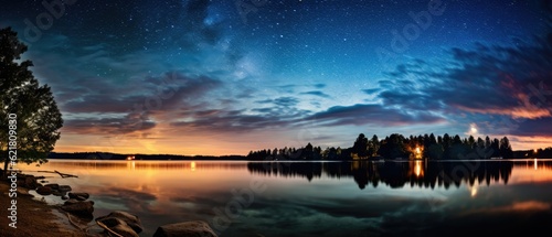 sunset over the river with view to the stars