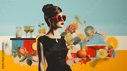 Summer vibes. Fashionable woman wearing huge sunglasses with fruits and drinks. Digital illustration. Collage