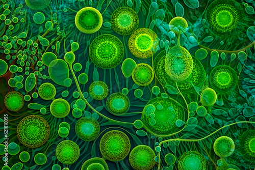 Vibrant depiction of plant cells in various stages of growth. Mesmerizing green hues symbolize vitality, capturing the dynamic nature of meristem study. Generative AI #621810055