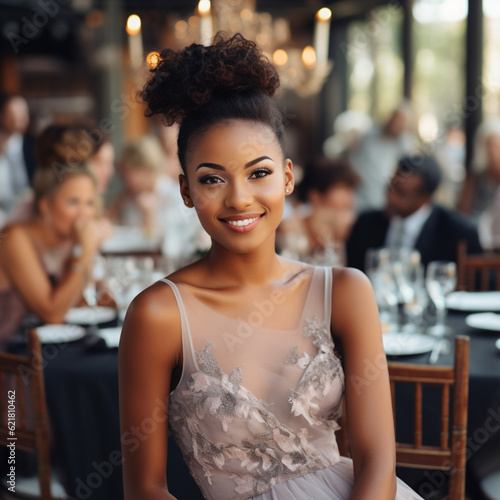Black woman in wedding dress at a wedding. Generative AI.