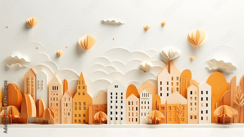 autumn city paper style sculpture panorama romantic minimal. Generative AI