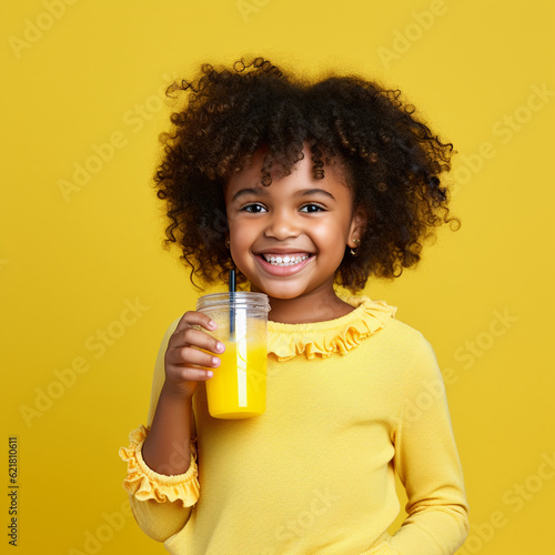 Black girl drinking orange juice. Generative AI.
