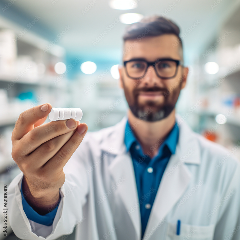 © DALU11 - Pharmacist with a pill. Generative AI. © DALU11 - Pharmacist with a pill. Generative AI.