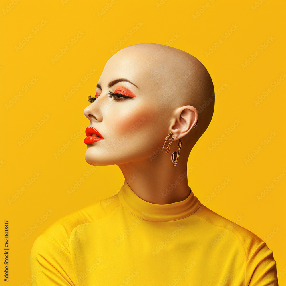 Woman with shaved hair on yellow background. Generative AI. Woman with shaved hair on yellow background. Generative AI.