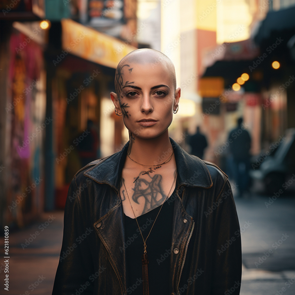 Woman with shaved hair on the street. Generative AI. Woman with shaved hair on the street. Generative AI.