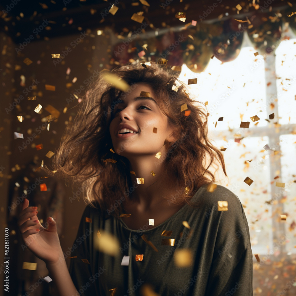 Fototapeta premium Happy woman celebrating at a party with confetti. Generative AI.